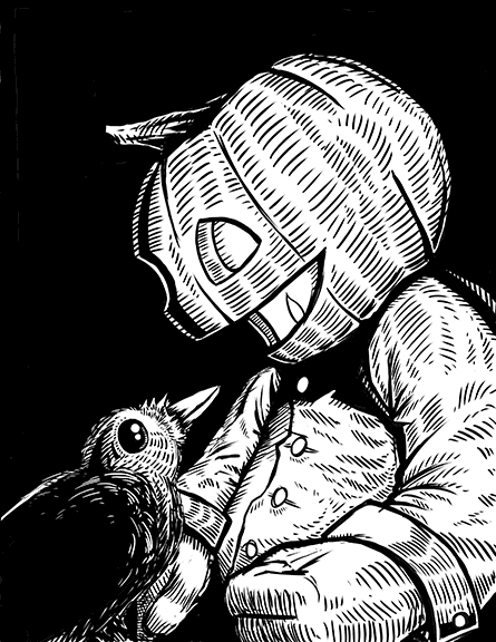 An image of the raven looking into the face of a jack o lantern man